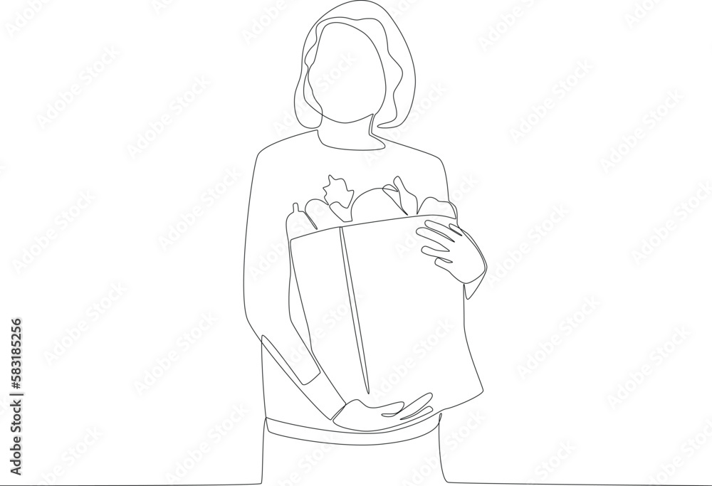 A woman buys groceries for the family. Grocery shopping one-line drawing A woman buys groceries for the family. Grocery shopping one-line drawing