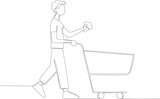 A young man putting vegetables into the trolley. Grocery shopping one-line drawing