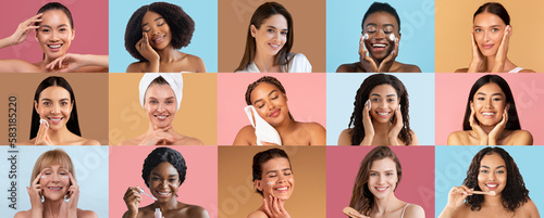 Wallpaper Mural Smiling millennial, adult multiracial women apply cream, cleanse perfect skin, enjoy beauty spa daily procedures Torontodigital.ca