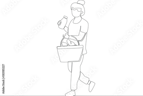 A mother holding a feeding bottle and a food basket. Grocery shopping one-line drawing