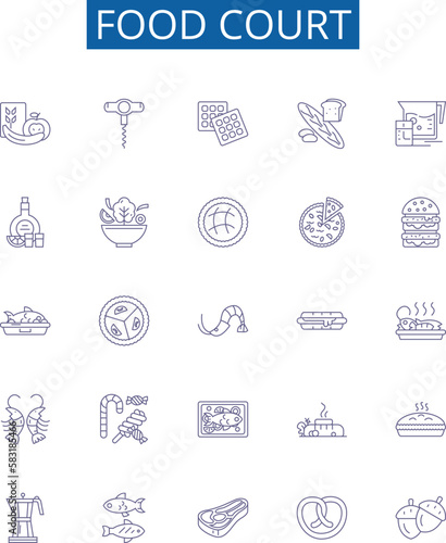 Food court line icons signs set. Design collection of Cafeteria, Eateries, Canteen, Bistro, Delicatessen, Bistro, Grill, Kiosk outline concept vector illustrations
