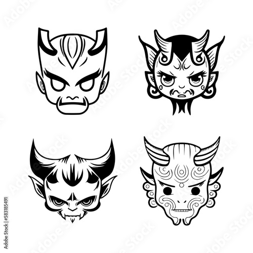Delightful Hand drawn kawaii oni mask collection set  showcasing cute and charming line art illustrations of traditional Japanese folklore