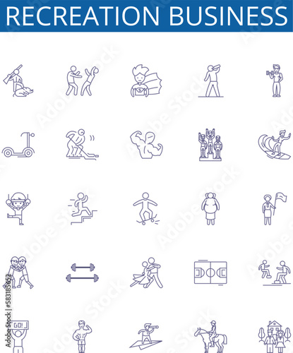 Recreation business line icons signs set. Design collection of Recreation, Entertainment, Amusement, Sports, Leisure, Adventure, Outdoor, Gaming outline concept vector illustrations