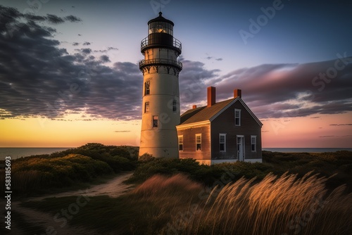 View of lighthouse during sunrise. Generative ai