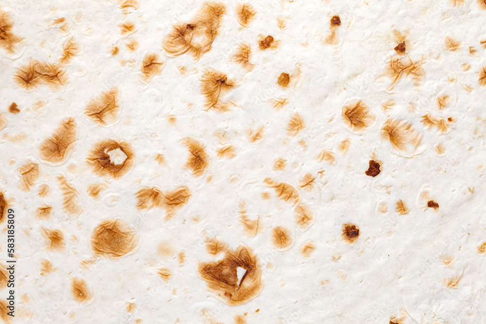 Pita bread tortilla handmade in tandoor, baked specks, closeup structure, background wallpaper, uniform texture pattern