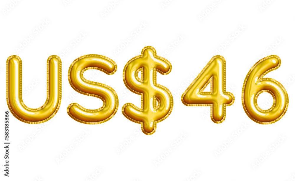 US$46 or Forty-six Dollar 3D Gold Balloon. You can use this asset for your content like as USD Currency, Flyer Marketing, Banner, Promotion, Advertising, Discount Card, Pamphlet and anymore. US$46 or Forty-six Dollar 3D Gold Balloon. You can use this asset for your content like as USD Currency, Flyer Marketing, Banner, Promotion, Advertising, Discount Card, Pamphlet and anymore.