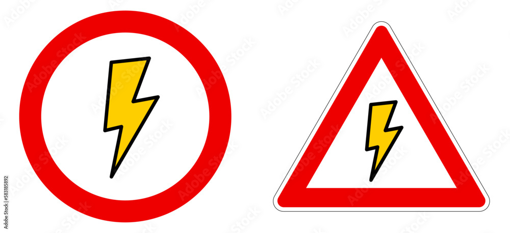 Yellow flash icon in red circle and triangle - electric shock warning or not allowed sign Yellow flash icon in red circle and triangle - electric shock warning or not allowed sign