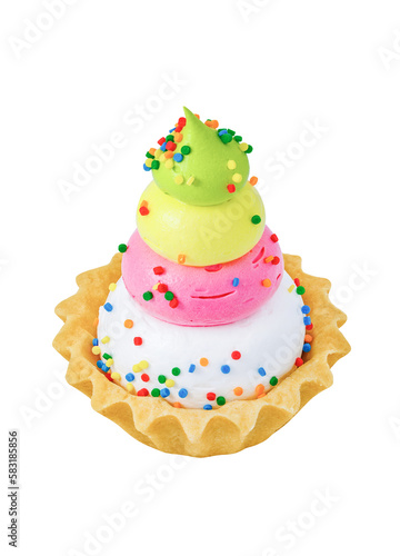Cake basket tart with four-layer pink, green, white, yellow custard sweet sprinkles side view isolated on white background with clipping path