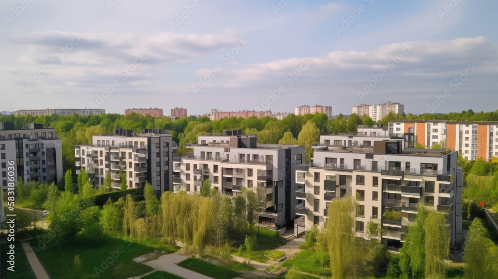 Obraz premium Cityscape of a residential area with modern apartment buildings, new green urban landscape in the city, generative ai