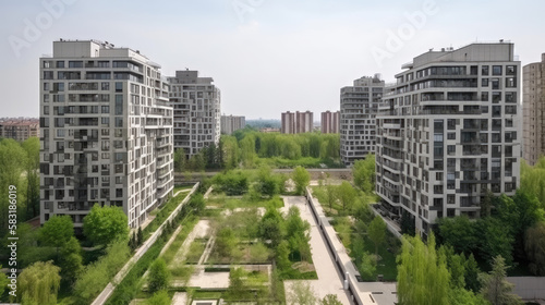 Cityscape of a residential area with modern apartment buildings, new green urban landscape in the city, generative ai