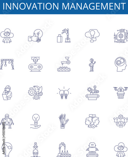 Innovation management line icons signs set. Design collection of Innovate, Manage, Create, Visionary, Change, Develop, Strategic, Process outline concept vector illustrations