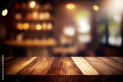 Table with empty space for products in cafe shop on Blur background © Thares2020