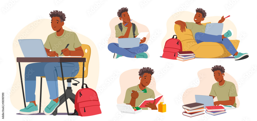 Set Student Male Character In Different Situations Learning, Prepare For Exam, Work On Laptop, Sitting At Desk With Book