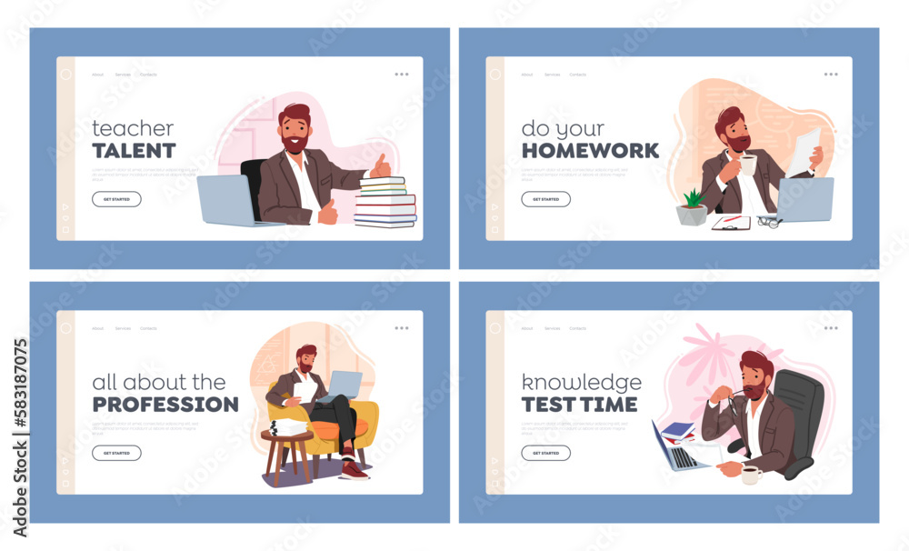 Teacher Life Landing Page Template Set. Male Tutor Checking Homework, Prepare Tutorial Plans and Educational Materials