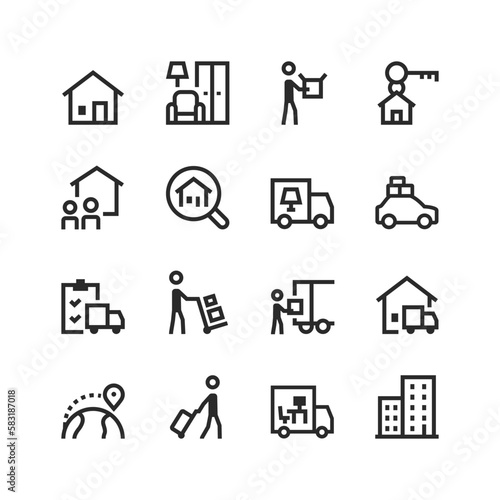 Moving and relocation icons set in linear style. House or office. Self relocation with transportation of things and services for moving and trucking. Going to another country. Editable stroke width