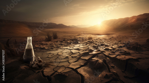global warming and drought. thirst. post apocalyptic world. realistic lanscape photography dsrl, generative ai