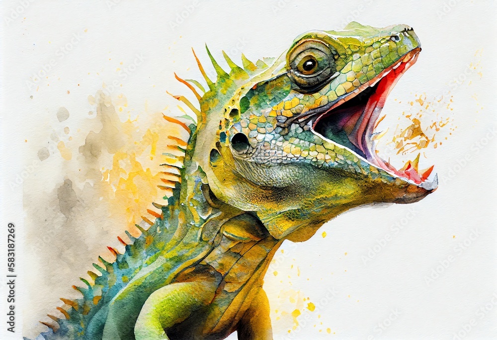 Watercolor Illustration of a A Small Reptile Opens Its Mouth Wide. Generative AI Watercolor Illustration of a A Small Reptile Opens Its Mouth Wide. Generative AI