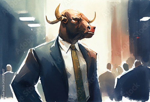 Watercolor Illustration of a Bull Business Man, Stock Market, Financial Investments. Generative AI © Pixel Matrix
