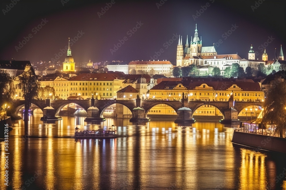 Magical Prague Skyline at Night: Illuminated Castle, Charles Bridge, and Old Town, AI-Generated