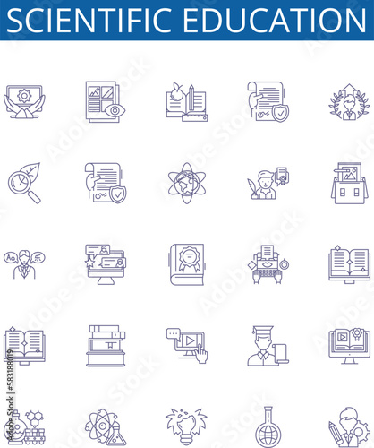 Scientific education line icons signs set. Design collection of Scientific, Education, Knowledge, Learning, Technology, Experiment, Method, Analysis outline concept vector illustrations