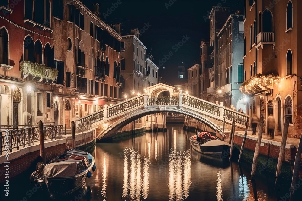 Breathtaking Venice Nightscape: Soft Glow of Lights Reflecting on Canals and Historic Bridges, AI-Generated