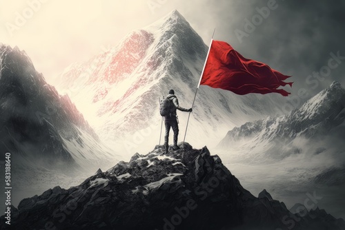 Climber With Flag Conquering Top Of Mountain On Hand. Generative ai