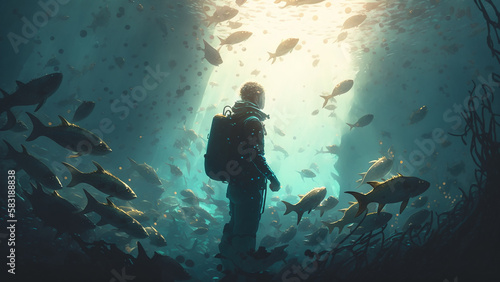 Diver surrounded by many fish under the water, Digital Art Style, Generative AI