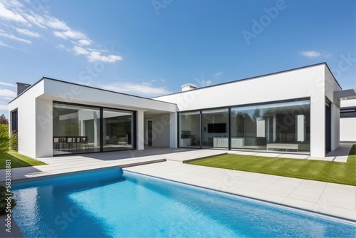 Luxury property with pool and terrace in contemporary style. Generative AI