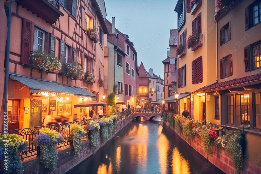 Fairy-Tale Night in Colmar, France: Charming Streets and Colorful Half-Timbered Houses in Warm Light, AI-Generated