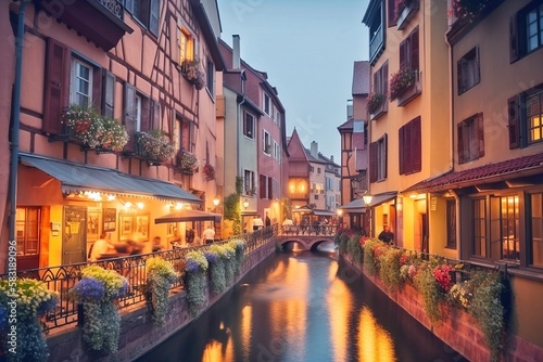 Fairy-Tale Night in Colmar, France: Charming Streets and Colorful Half-Timbered Houses in Warm Light, AI-Generated © Digital Dreamscape