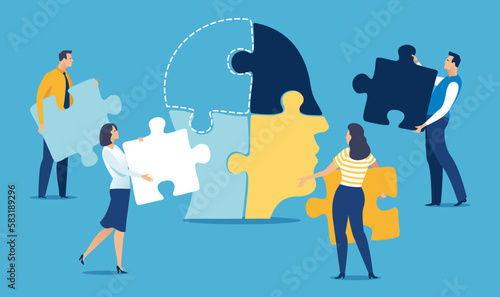 Motivation. Decision. Building a personality.  People holding puzzle elements standing by a symbolic human head. Vector illustration. Business concept.
