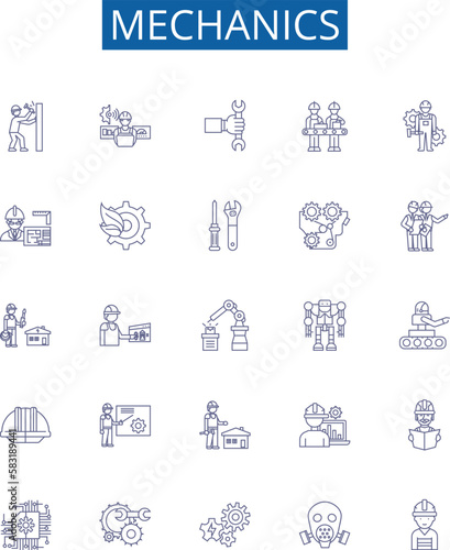 Mechanics line icons signs set. Design collection of Automotive, Physics, Engineering, Repair, Technician, Force, Friction, Torque outline concept vector illustrations