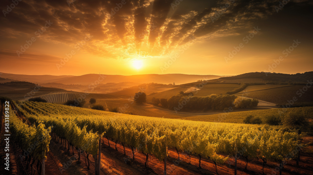 Vineyards at sunset, generative ai Vineyards at sunset, generative ai