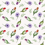 Seamless pattern with spring flowers, digital, hand-drawn.