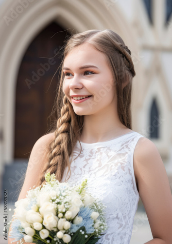 Holy church confirmation ceremony with young stylish teenager dressed for the big day
