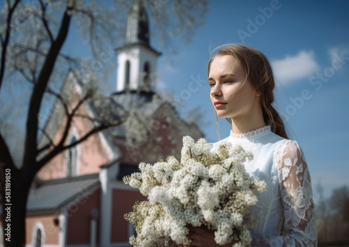 Holy church confirmation ceremony with young stylish teenager dressed for the big day photo