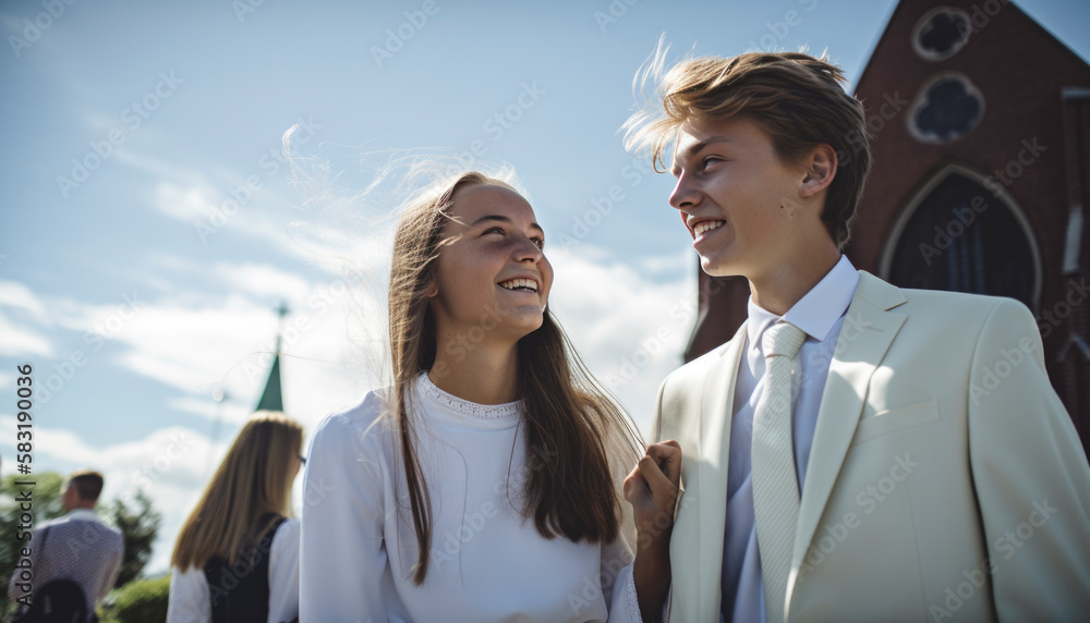 Holy church confirmation ceremony with young stylish teenager dressed for the big day