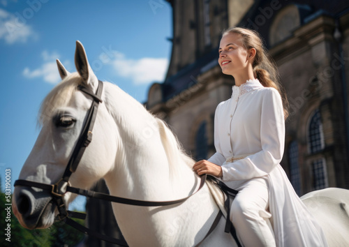 Holy church confirmation ceremony with young stylish teenager dressed for the big day, arriving on a white horse
