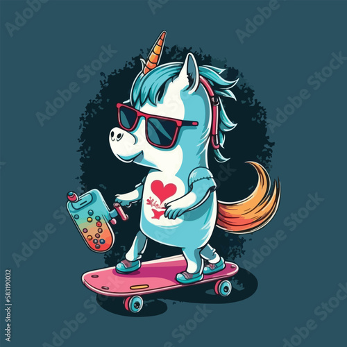 Cartoon unicorn on a skateboard with a skateboard and a heart on his shirt