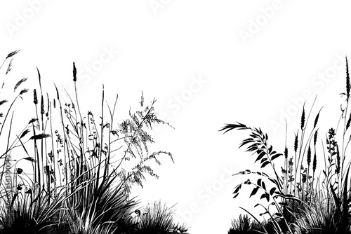 Image of a silhouette reed or bulrush on a white background.Monochrome image of a plant on the shore near a pond.