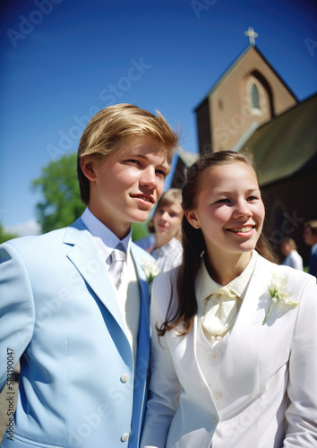 Holy church confirmation ceremony with young stylish teenager dressed for the big day photo