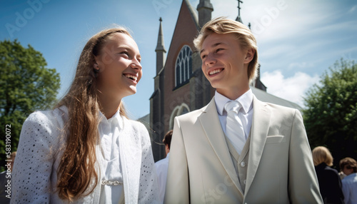 Holy church confirmation ceremony with young stylish teenager dressed for the big day