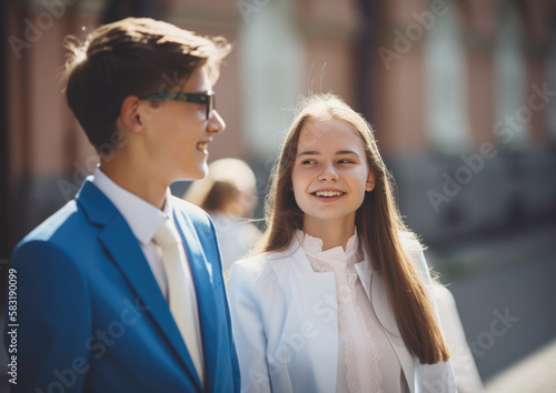 Holy church confirmation ceremony with young stylish teenager dressed for the big day photo