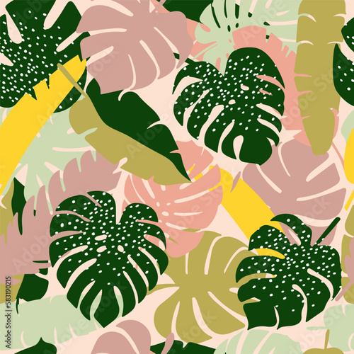 Hand drawn Monstera leaves seamless patterns for fabric, textiles, clothing, wrapping paper, cover, banner, interior decor, retro plants abstract backgrounds.