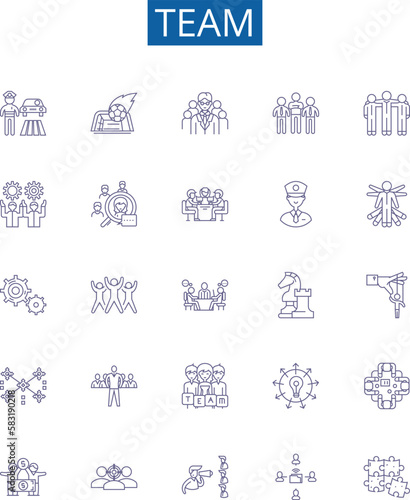 Team line icons signs set. Design collection of Squad, Crew, Group, Unit, Alliance, Faction, Club, Fraternity outline concept vector illustrations