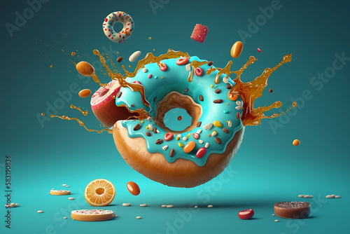 colorful glazed donut on blue background © Siarhei