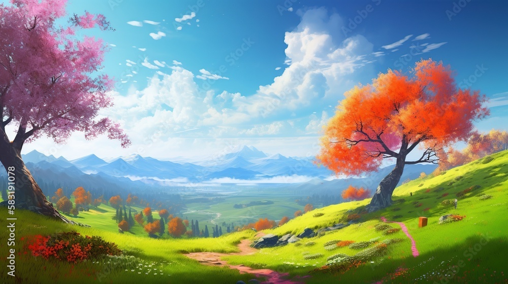 colorful spring landscape for a poster design, Generative AI