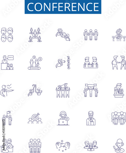 Conference line icons signs set. Design collection of Conclave, Forum, Summit, Dialogue, Symposium, Assembly, Rally, Caucus outline concept vector illustrations