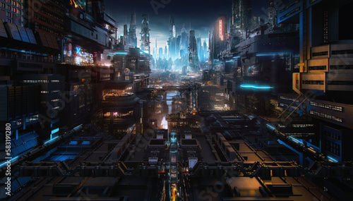 Future smart city skyline panorama. Futuristic cyberpunk citycape at night creative concept illustration: skyscrapers, towers, buildings, cyber neon lights. Panoramic urban sci-fi megapolis town, 3D