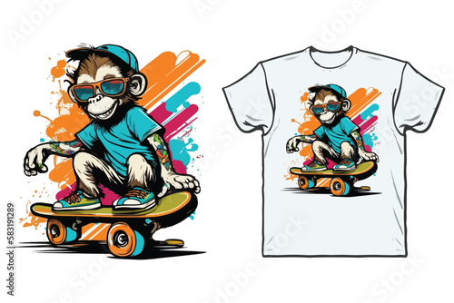 Monkey on a skateboard with sunglasses and a shirt that says monkey on it